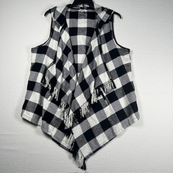Cato Est 1946 Womens B&W Checked Fringed Open Front Hooded Vest Plus Size 22/24W - Picture 1 of 7